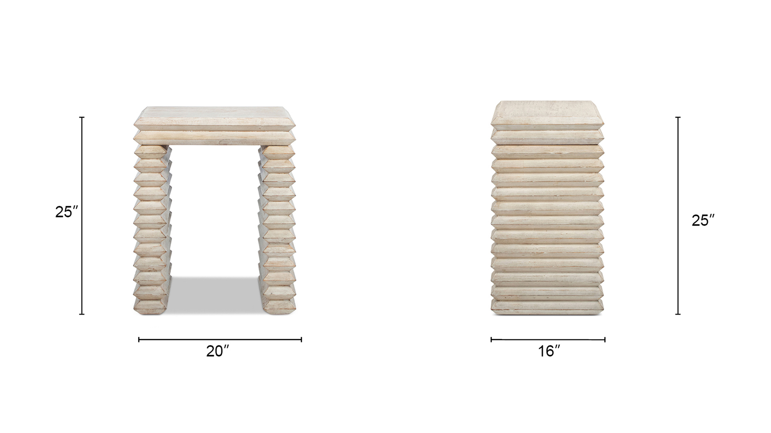 Veda Reclaimed Pine Wood Stacked Geometric Waterfall Side Table, Whitewashed Natural