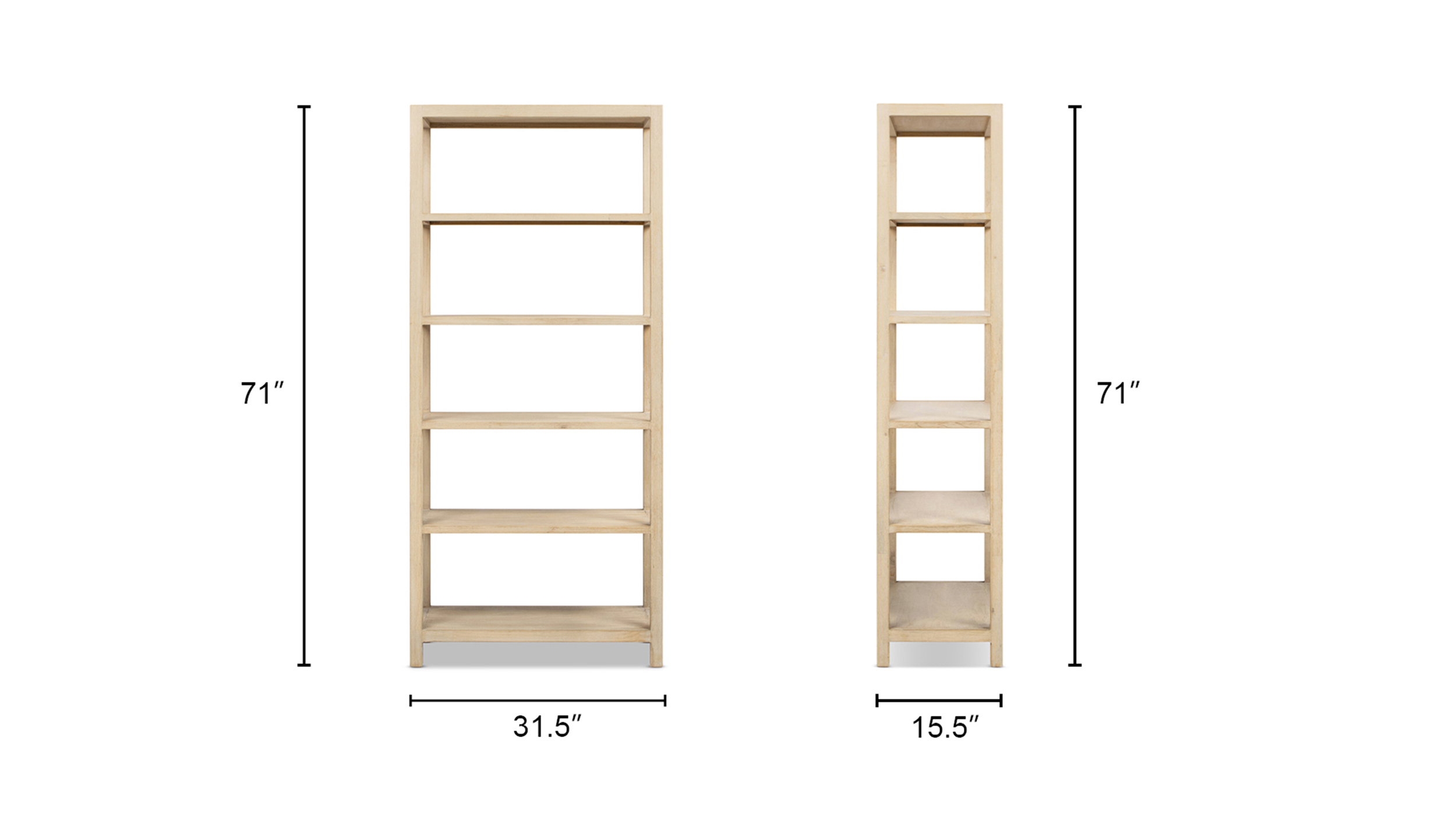 Ellis Reclaimed Pine Wood 5-Shelf Open Frame Bookcase, Light Natural Cerused