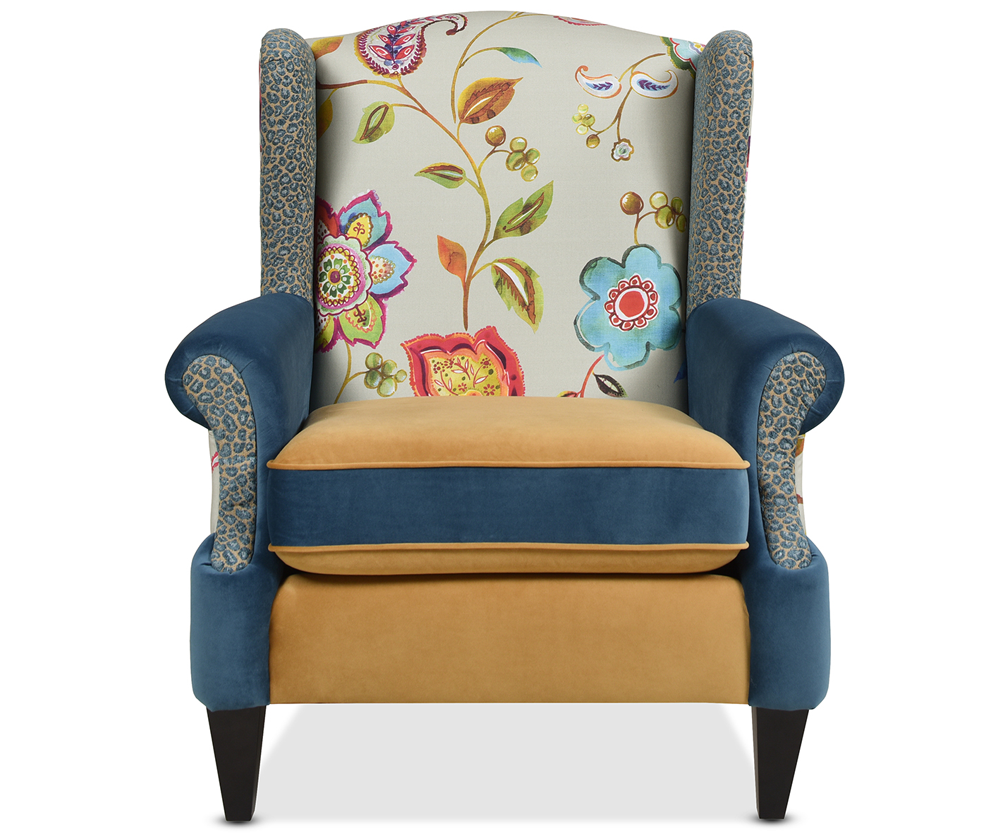 Anya Boho Chic Wingback Accent Arm Chair, Floral & Leopard, Satin Teal & Gold