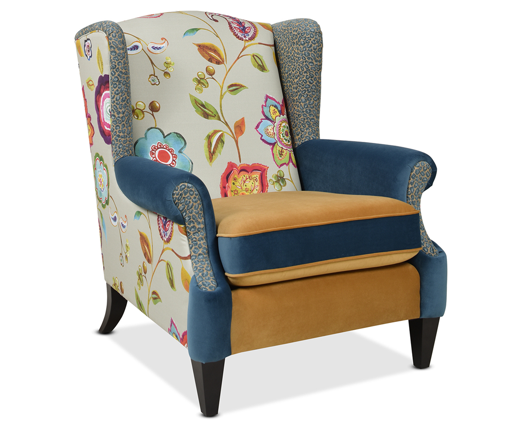 Anya Boho Chic Wingback Accent Arm Chair, Floral & Leopard, Satin Teal & Gold