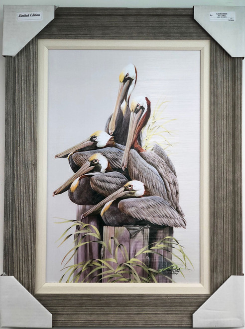 5 pelicans sitting on pilings. Large painting is a reproduction of an original American artist.  Pelican painting with frame measures  32"x 24".
