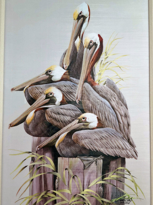5 pelicans sitting on pilings. Large painting is a reproduction of an original American artist.  Pelican painting with frame measures  32"x 24".