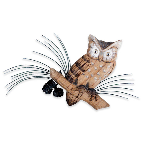 Owl on Branch with Pine Cones Wood and Metal Wall Art CW620