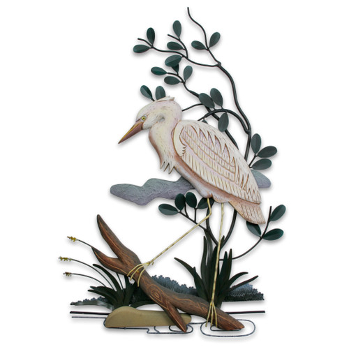 Stalking White Heron Wall Sculpture Facing Left