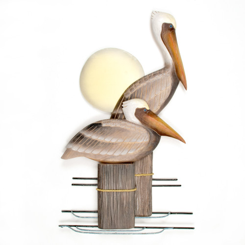 Pelicans on Pilings Wood and Metal Wall Art CW325