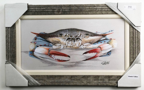 Blue Crab limited edition computer painted reproduction of American artist Art La May. Comes ready to hang with wire hanger on back, 1" matted fabric, and real wooden frame. Size is 30 x 18".