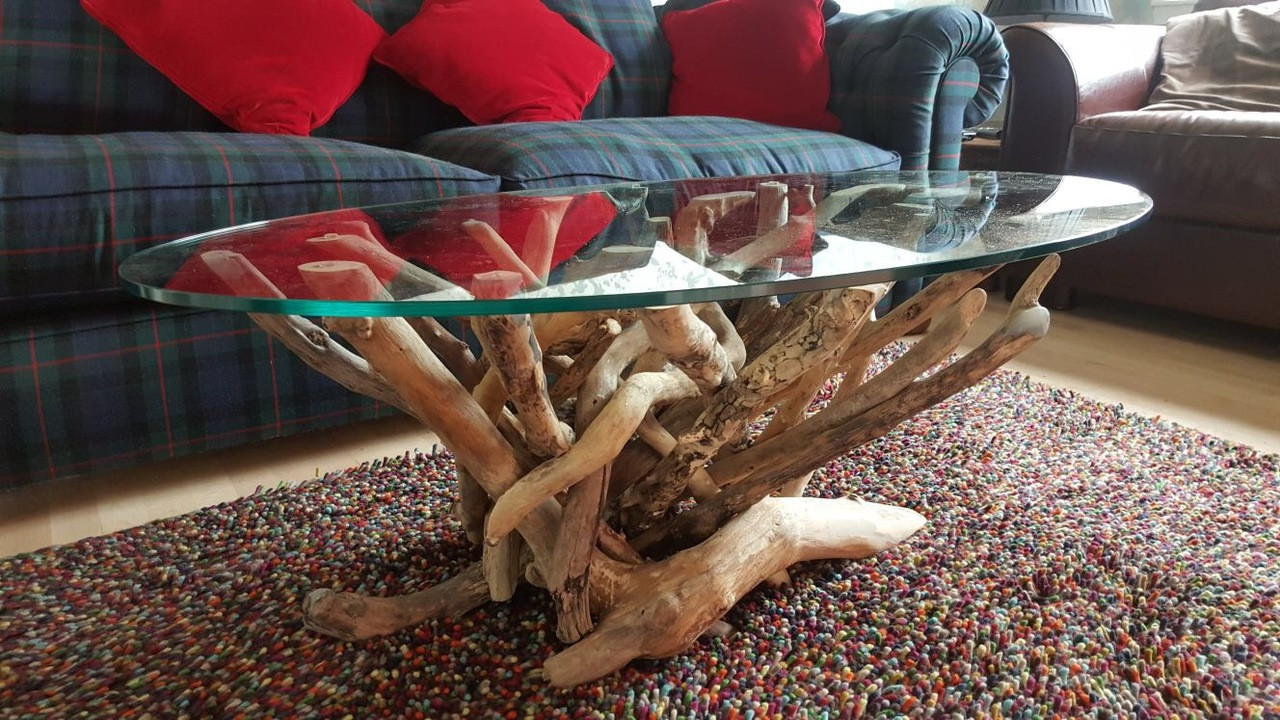 Natural Driftwood Oval Glass Coffee Table