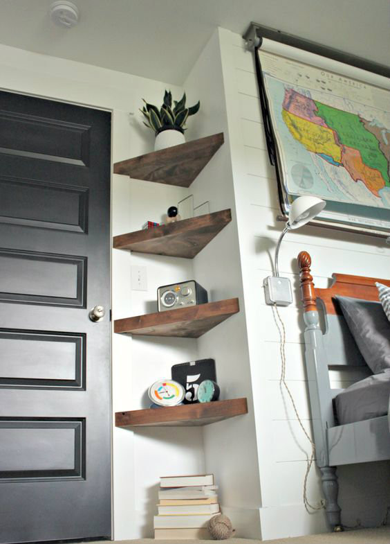 corner rustic wooden floating shelf