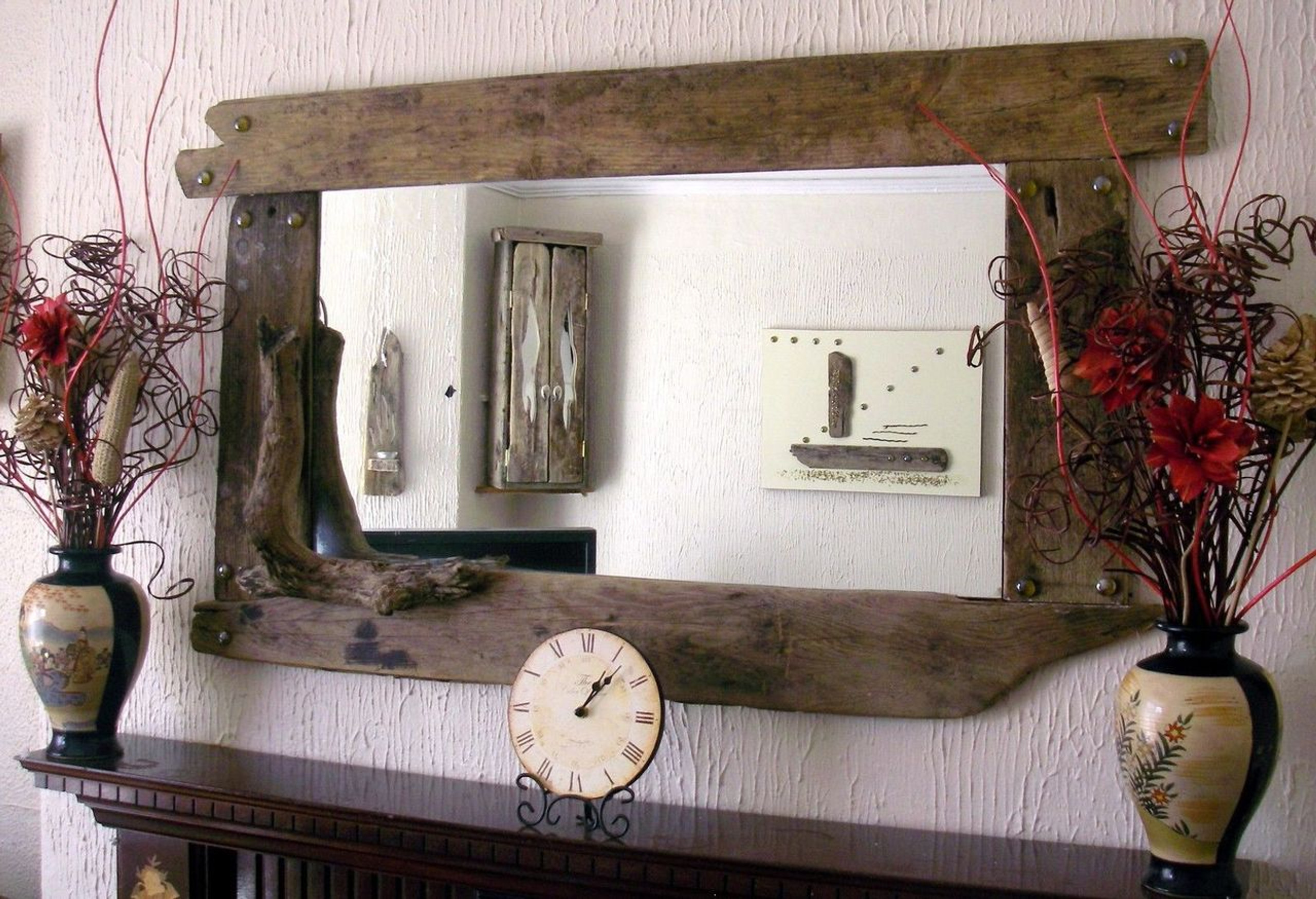 rustic reclaimed driftwood framed mirror with shelf