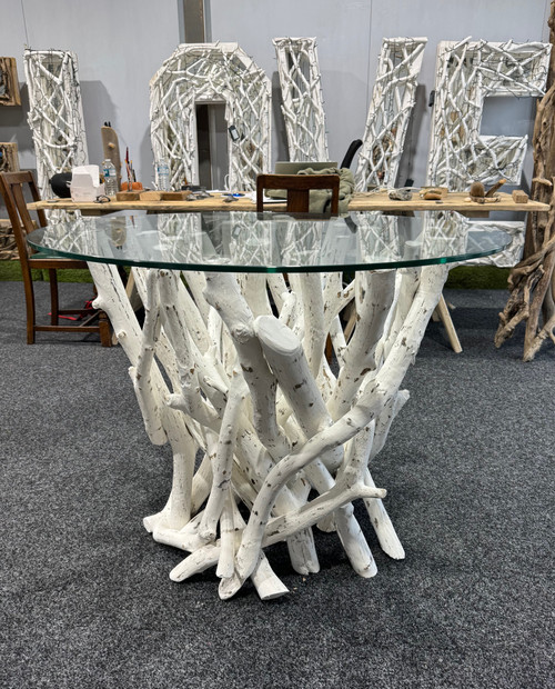 Whitewashed Driftwood Branch Dining Table — Round Toughened Glass Top (100cm / 120cm) Whitewashed Driftwood Branch Dining Table — Round Toughened Glass Top (100cm / 120cm)
