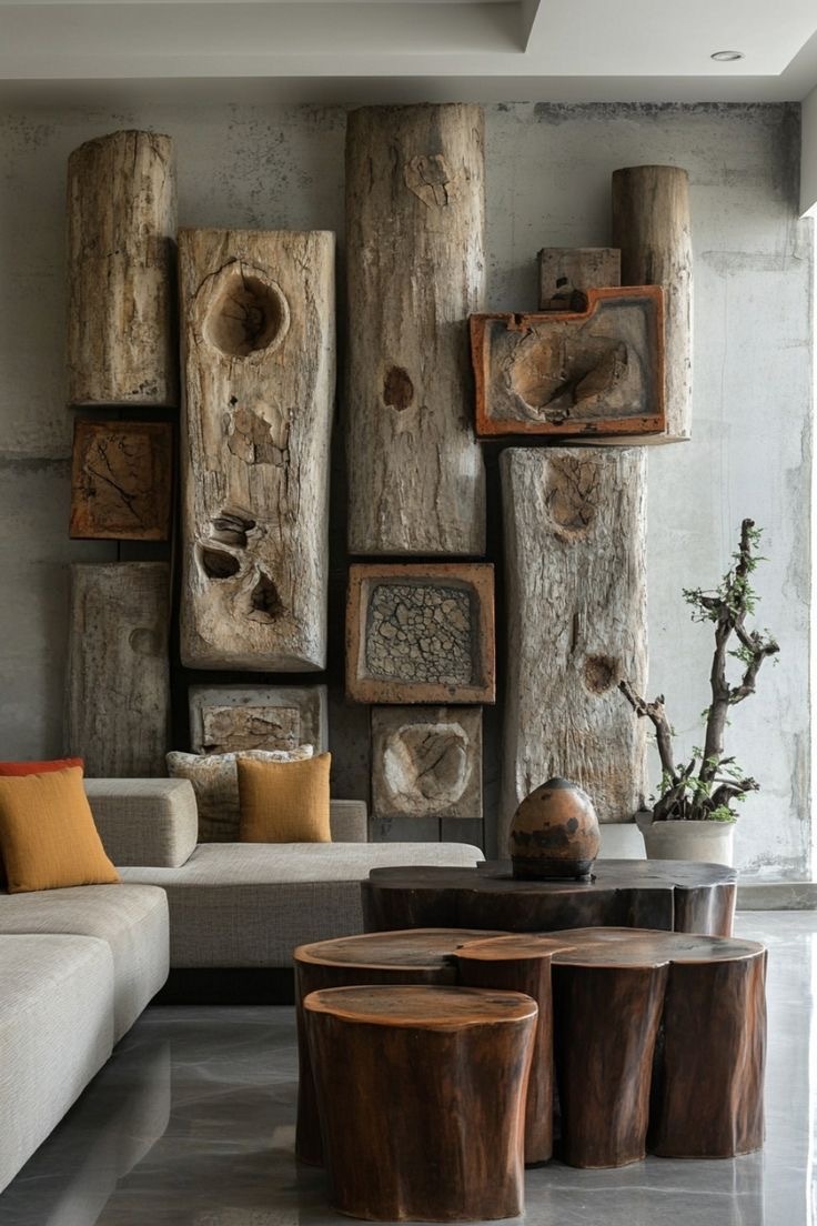 reclaimed driftwood wall installation