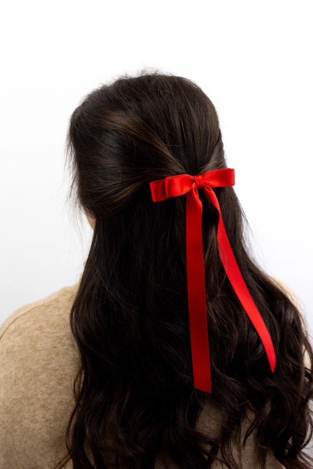 Grace & Grandeur Micro Alice Matte Satin Bow Barrette - Red