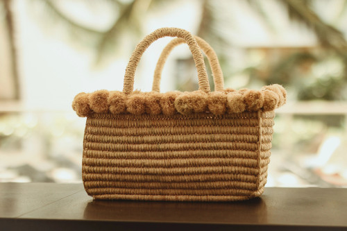 Shebobo Rico Crochet Rectangle Straw Basket with Pompom Trim Edge