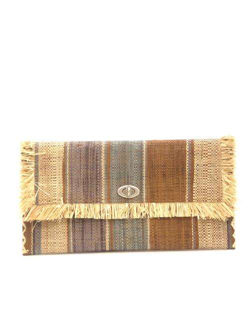 Shebobo Sophie Straw Envelope Clutch Purse with Raw Fringe Trim Edge - Tobacco Swirl