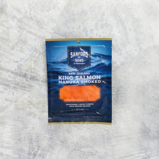 Buy small packet NZ Smoked Salmon from Sanford and Sons. Delicious thin sliced King salmon.