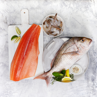 Buy Sanford and Sons new Seafood Box delivered to your door. Our entertainers delight box includes a Side of King Salmon (Bone In), Whole Snapper fish and Prawn Cutlets