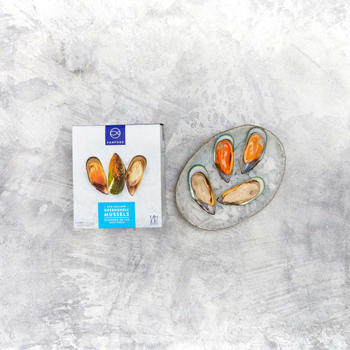 Sanfords NZ Greenshell™ Mussels with box from Sanford and Sons.