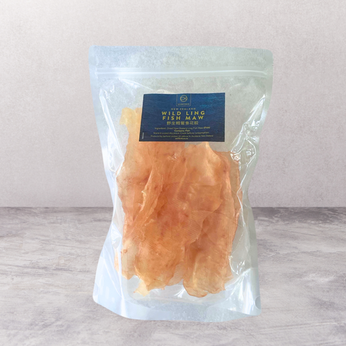 Sanford Wild Ling Fish Maw in plastic seal packet on grey background - value grade