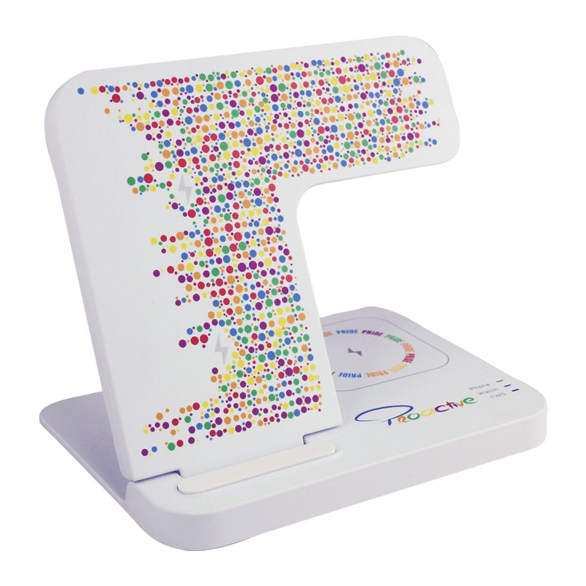 A wireless charger in white with a colourful dot pattern, featuring a logo and a sleek, foldable design.