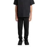 Black track pants displayed on a person wearing a matching black t-shirt and shoes, featuring a logo.