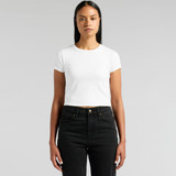 A white crop t-shirt displayed on a model wearing black jeans. The shirt features a simple design and has a logo.