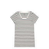 A striped tee in white with black stripes, featuring a v-neck and short sleeves. Includes a branding logo.