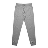 Grey premium track pants with a drawstring waist and fitted cuffs, featuring a logo on the side.