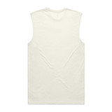 A sleeveless tank top in a light cream colour with a simple design and a logo.