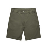 Utility shorts in olive green with a logo, featuring pockets and a classic fit. Suitable for casual wear.