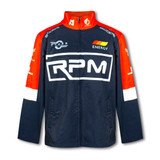 A custom men's premium softshell jacket in navy blue with red and white details, featuring a logo on the front.