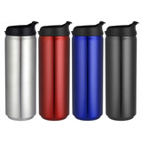 A drink bottle in silver, red, blue, and black, featuring a black lid and a logo on each bottle.