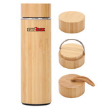 A drink bottle made of bamboo, featuring a sleek design with a metal rim and multiple lids, including a handle.