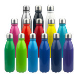 A drink bottle collection featuring shiny aluminium bottles in various colours, each with a silver cap and some with branding.