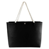 A black tote bag with white rope handles and a button closure. It has a minimalist design.