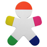 A five-coloured highlighter shaped like a person, featuring orange, white, yellow, pink, and blue sections.