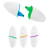 An oval highlighter set featuring vibrant green, blue, orange, and purple tips in a sleek white casing with branding.