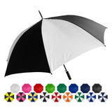 A black and white golf umbrella with a curved handle, accompanied by a variety of colourful umbrellas in a row below.