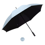 A silver and black umbrella with a straight handle. Includes a folded version below.