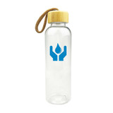 A drink bottle with a clear body, a bamboo lid, and a blue logo depicting hands holding a water droplet.