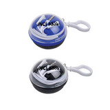 Earbuds in a circular case with a clear lid, featuring a blue and black design and a logo.