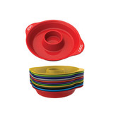 A stack of colourful plates in various shades, featuring a red plate on top with a central dip section. The set includes a logo.