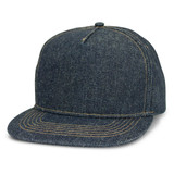 A denim flat peak cap in dark blue with contrasting stitching and a structured design, featuring a logo.