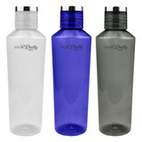A drink bottle in translucent white, blue, and grey, featuring a silver cap and a logo design.