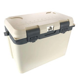 A cream and grey cooler box with a secure latch and measuring gauge on the lid. It features a logo on the side.