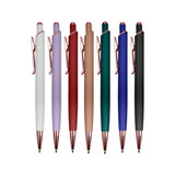 A collection of metal pens in white, lavender, blush, red, green, blue, and black with rose gold accents.