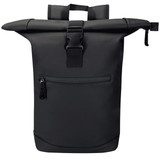 A black roll-top backpack with a secure buckle, featuring a front zipper pocket and sturdy handles on top.