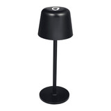 A black recycled mini rechargeable lamp with a conical shade and a circular base, featuring a logo.