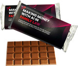 An 80g chocolate bar in a silver and pink wrapper with a grid pattern on the chocolate. It features a logo.
