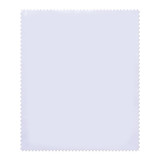 A white biodegradable lens cloth with a zigzag edge, featuring a logo in the corner.