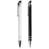 A black and a white metal ballpoint pen displayed side by side, each featuring a clip and decorative accents.
